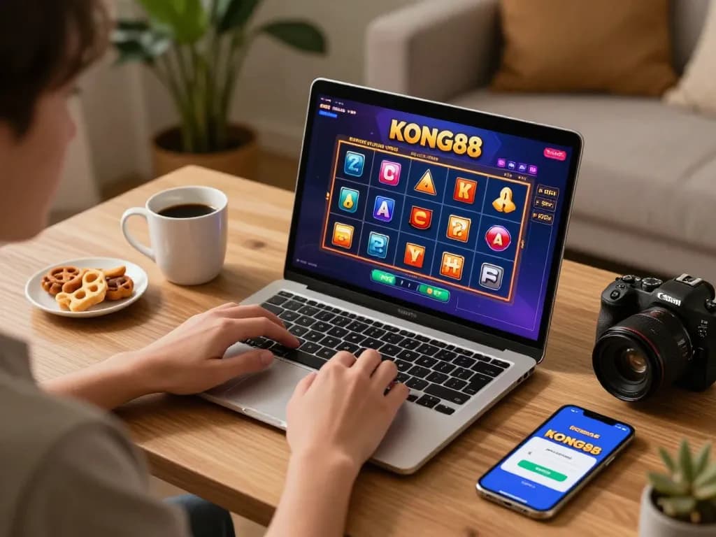 KONG88 player engaging in online slots from a cozy home office, showcasing vibrant gameplay.