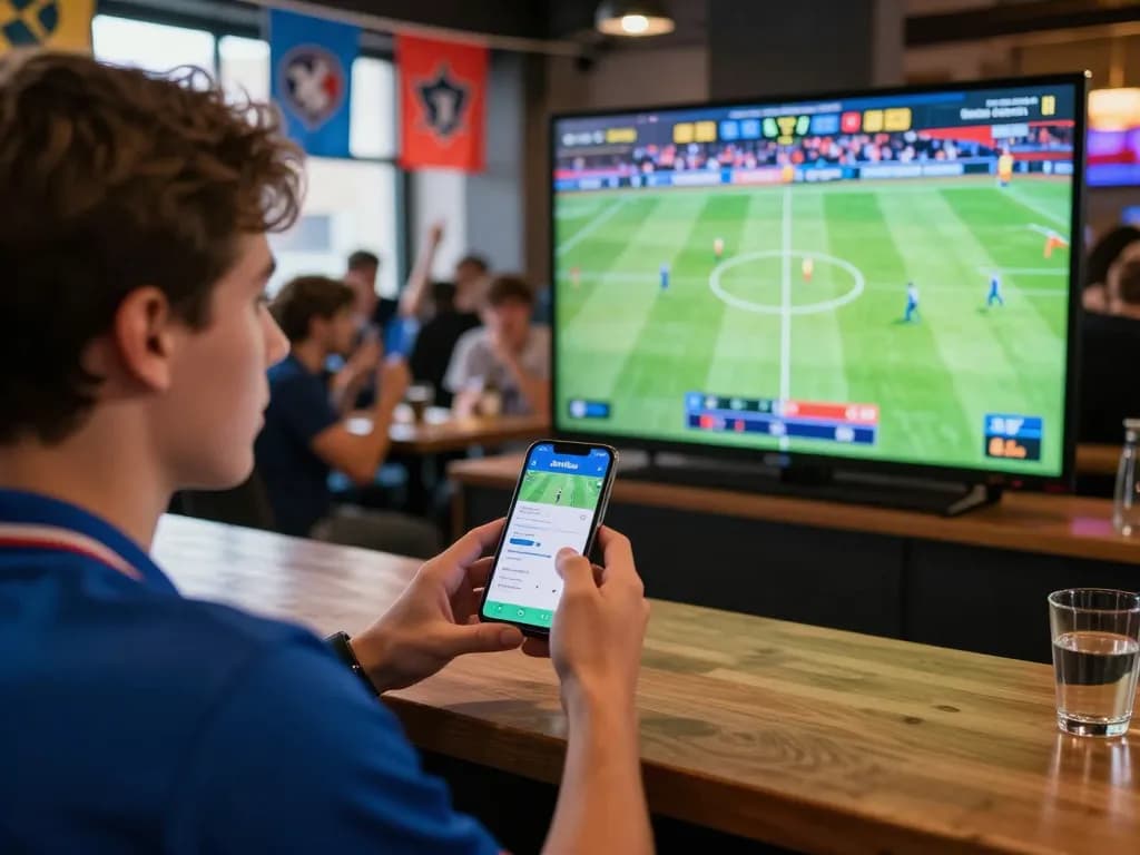 Person using the JeetBuzz app for sports betting during a live game, capturing excitement.