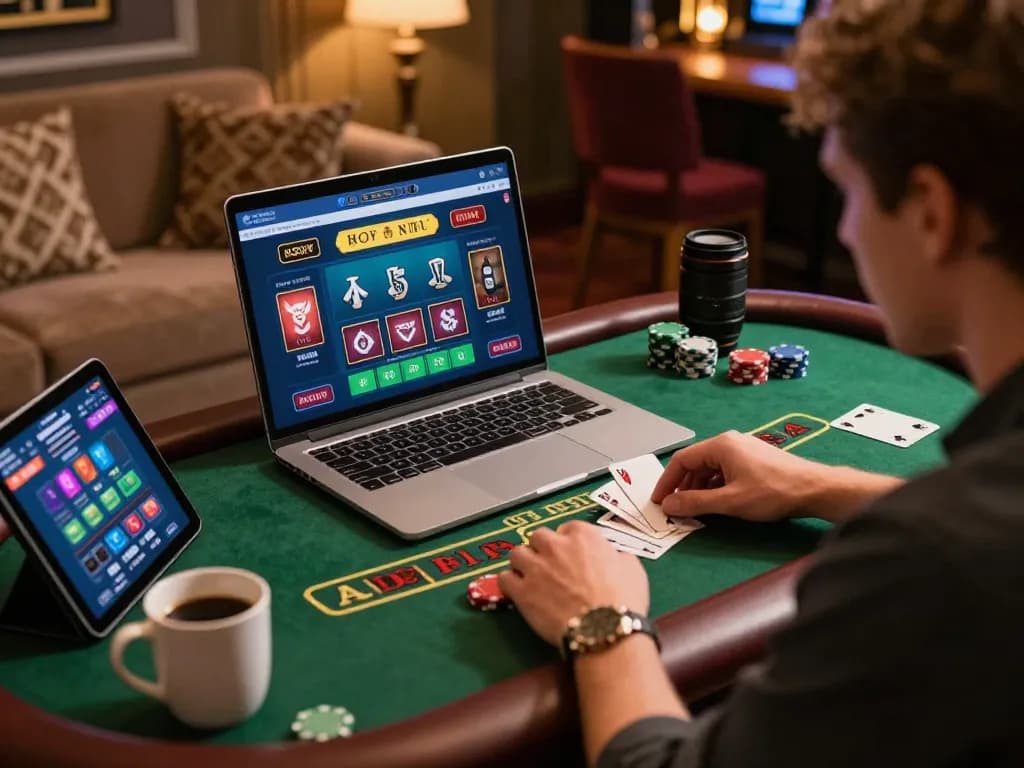 Player engaging with luck8 online blackjack on a laptop, demonstrating strategic gameplay in a cozy setting.