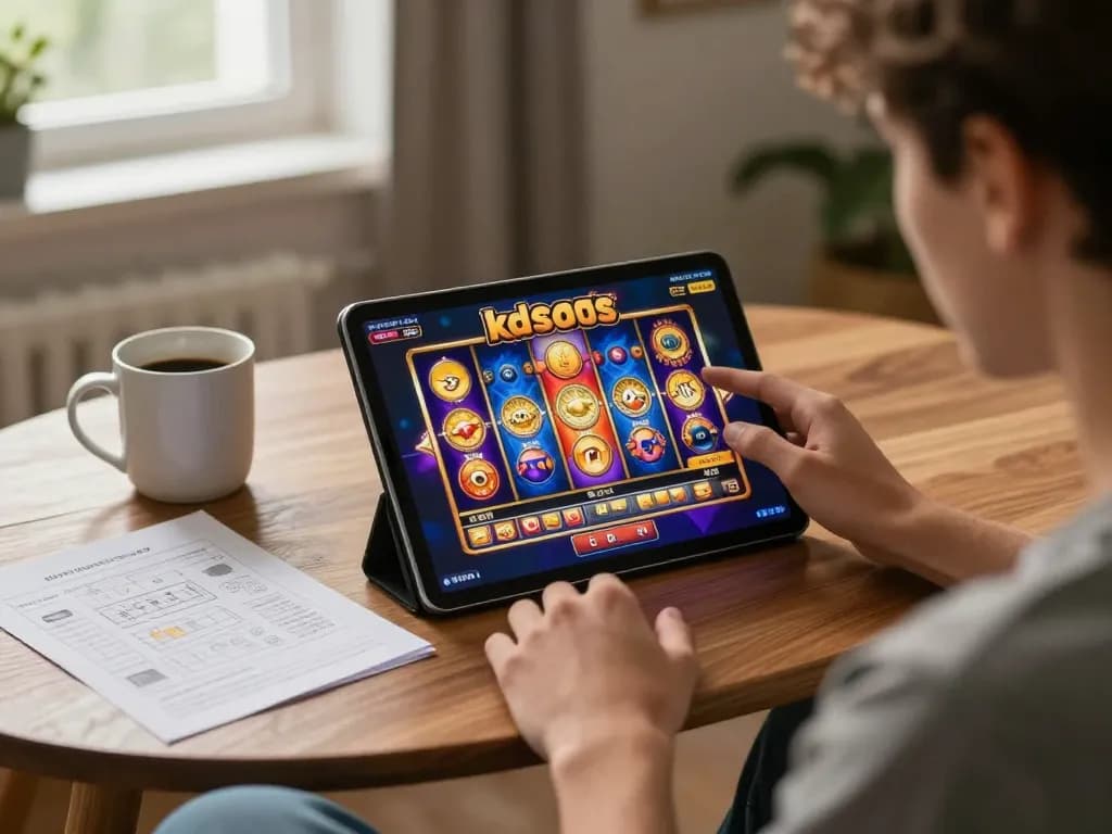 KDslots player enjoying a slot game on a tablet in a cozy home setting with strategic notes