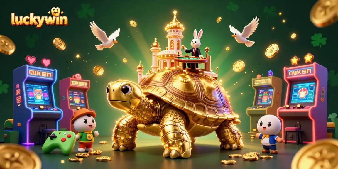 Experience thrilling gaming at Luckywin with a vibrant casino scene featuring a golden tortoise and rabbit dealer.