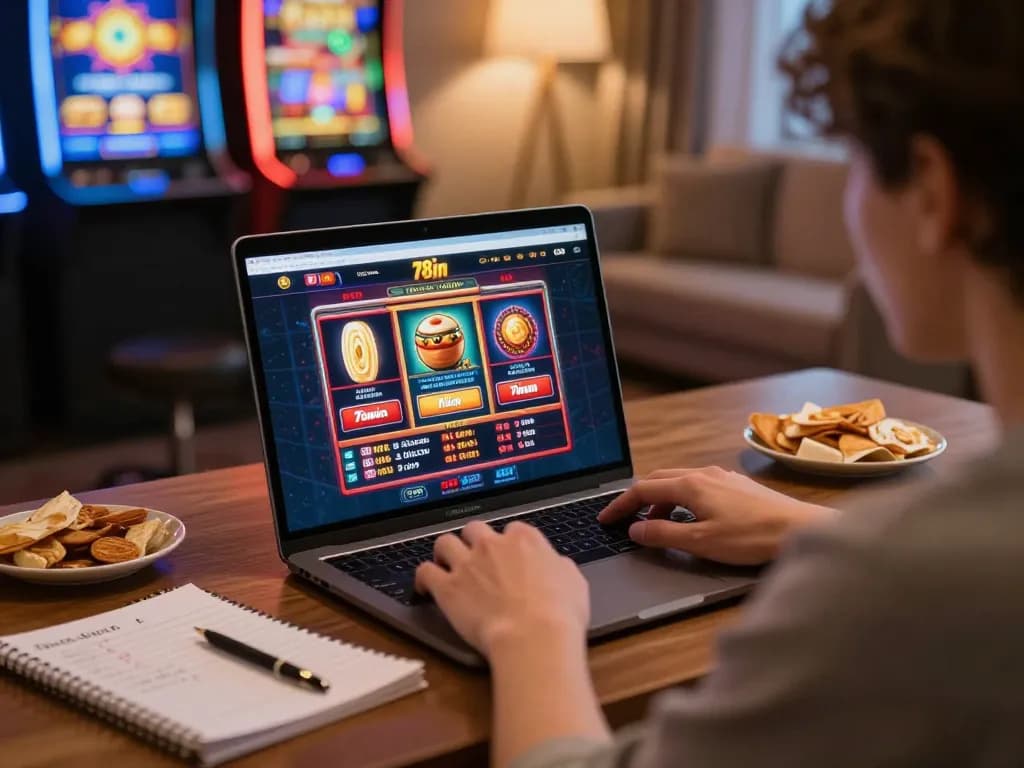 Gamblers enjoying online gaming experience with 78win interface on laptop, showcasing strategic betting.