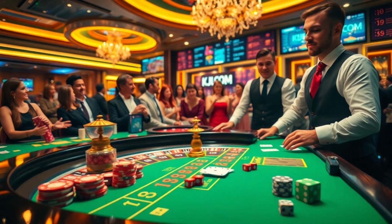 Experience gaming excitement at KJC US COM with lively casino tables and dynamic players.