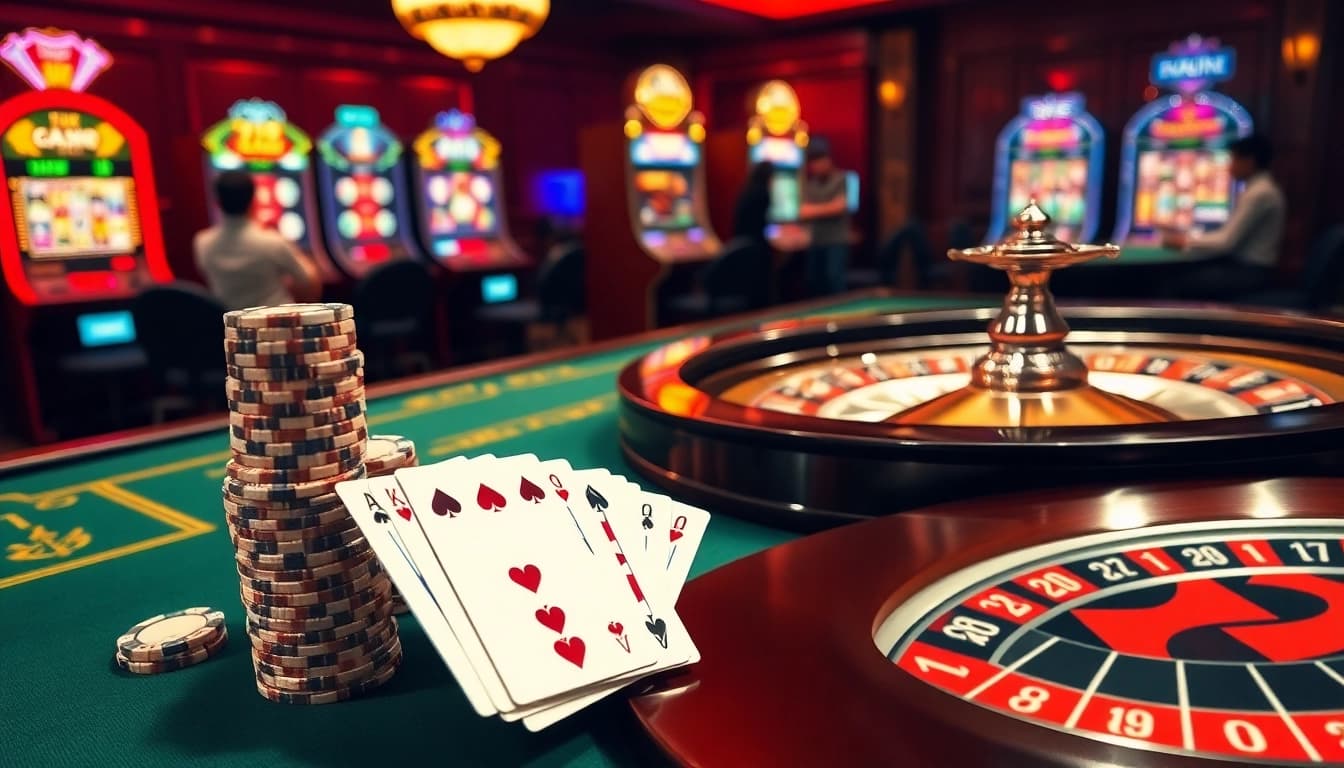Players strategizing at a luxurious casino table with vibrant TR88-themed poker chips.