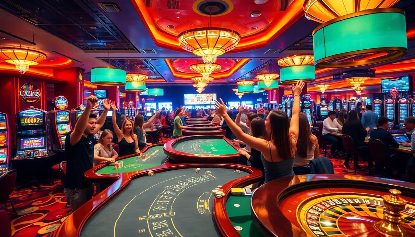 Experience a thrilling casino atmosphere at J88 with players celebrating big wins at the tables.