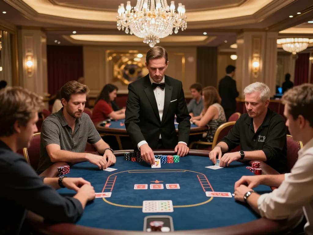 100VIP high-roller poker game showcasing players in an upscale casino with elegant decor.