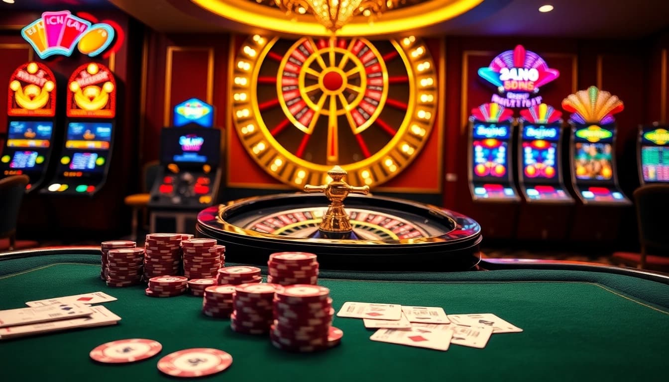 Hello88 players enjoying an exciting casino gaming experience with poker chips and roulette.