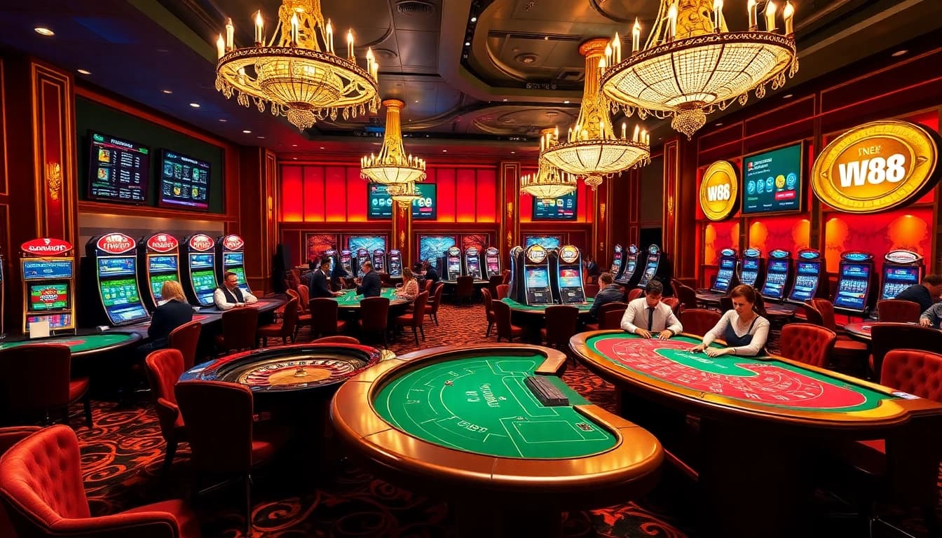 W88 casino scene highlighting intense poker game and vibrant gaming lounge atmosphere.