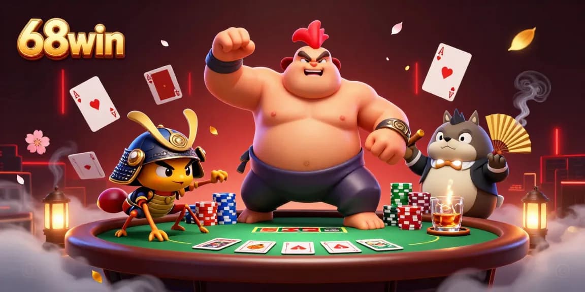 Experience the thrill of 68win with colorful poker chips and dynamic gaming elements surrounding cartoon characters.