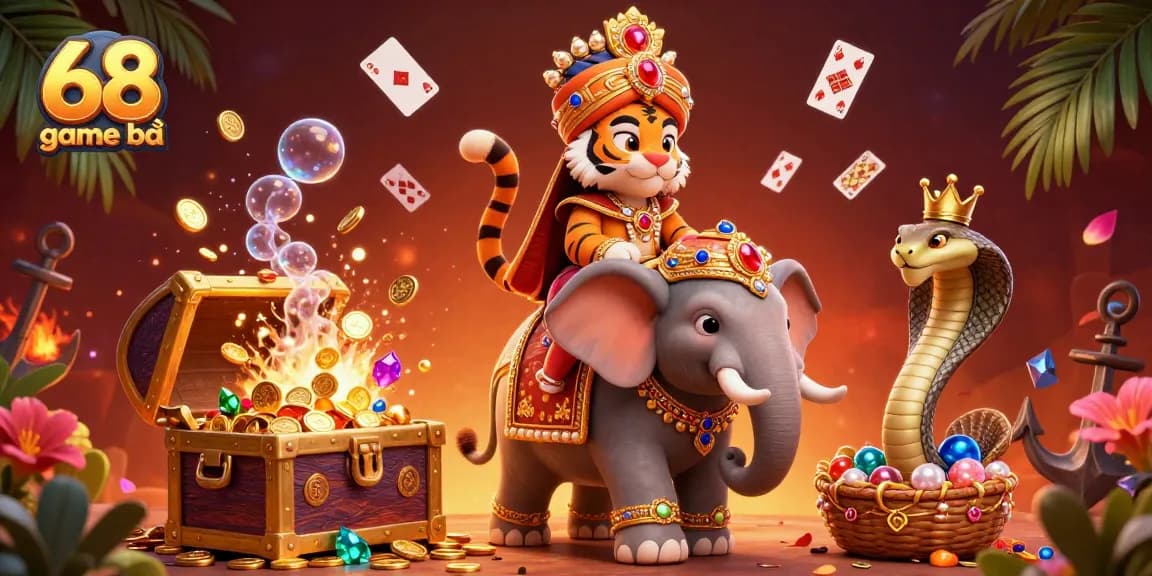 Experience thrilling wins with 68 game bài, featuring a royal scene of excitement and rich treasures.
