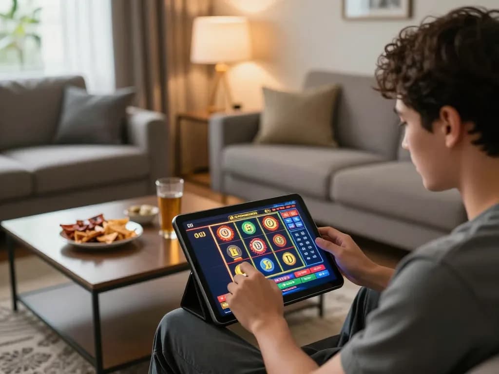 Enjoying slot gacor gameplay on a tablet in a cozy living room with snacks