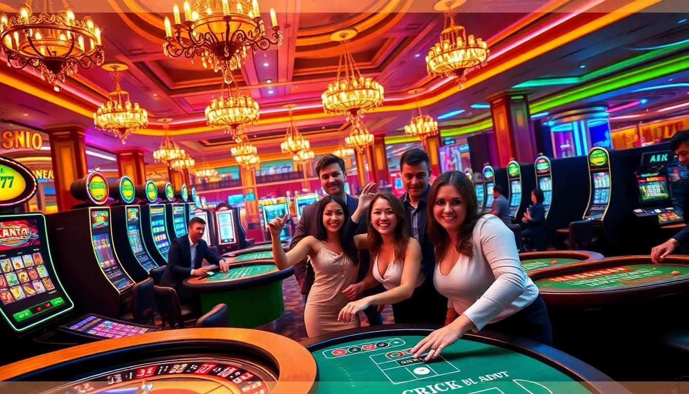 Players celebrating a win at gori77 casino, showcasing vibrant slot machines and roulette tables.