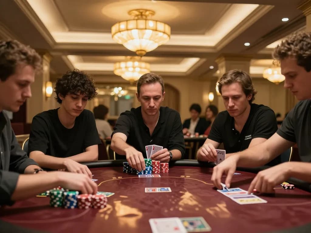 Intense poker gameplay at XX88's upscale casino, showcasing players competing and strategic interactions.