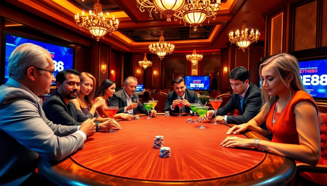 High-stakes poker game at a luxury casino table, featuring elements from https://bet88vn.bio, showcasing excitement and sophistication.