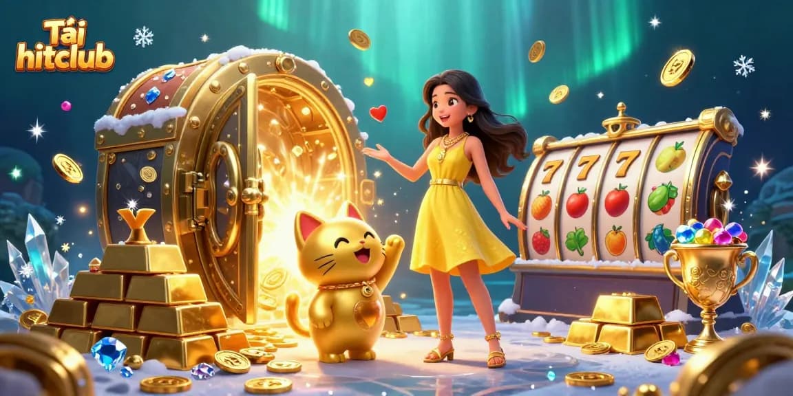 Win big and celebrate with Tải hitclub, a vibrant casino scene filled with golden treasures and joyful characters.