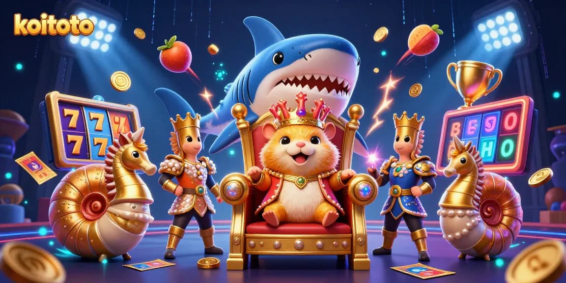 Play slots at koitoto with a majestic golden hamster king and vibrant slot machine elements.