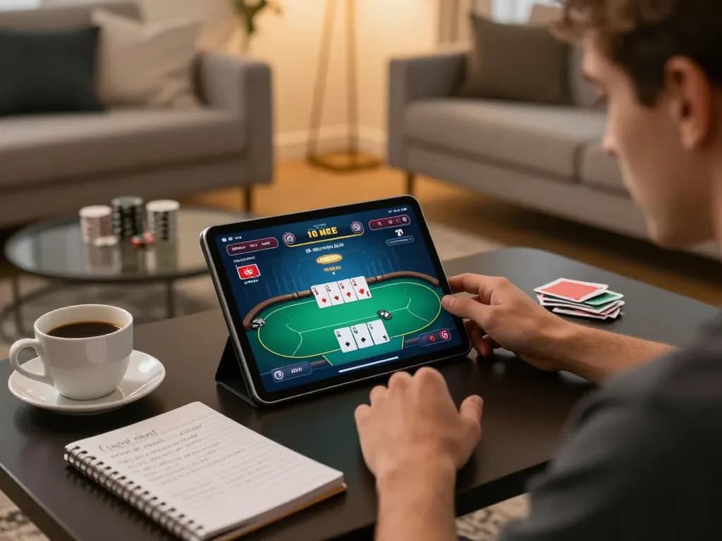 Luck8 player strategizing in a cozy home setting while enjoying online poker, showcasing game interface on tablet.
