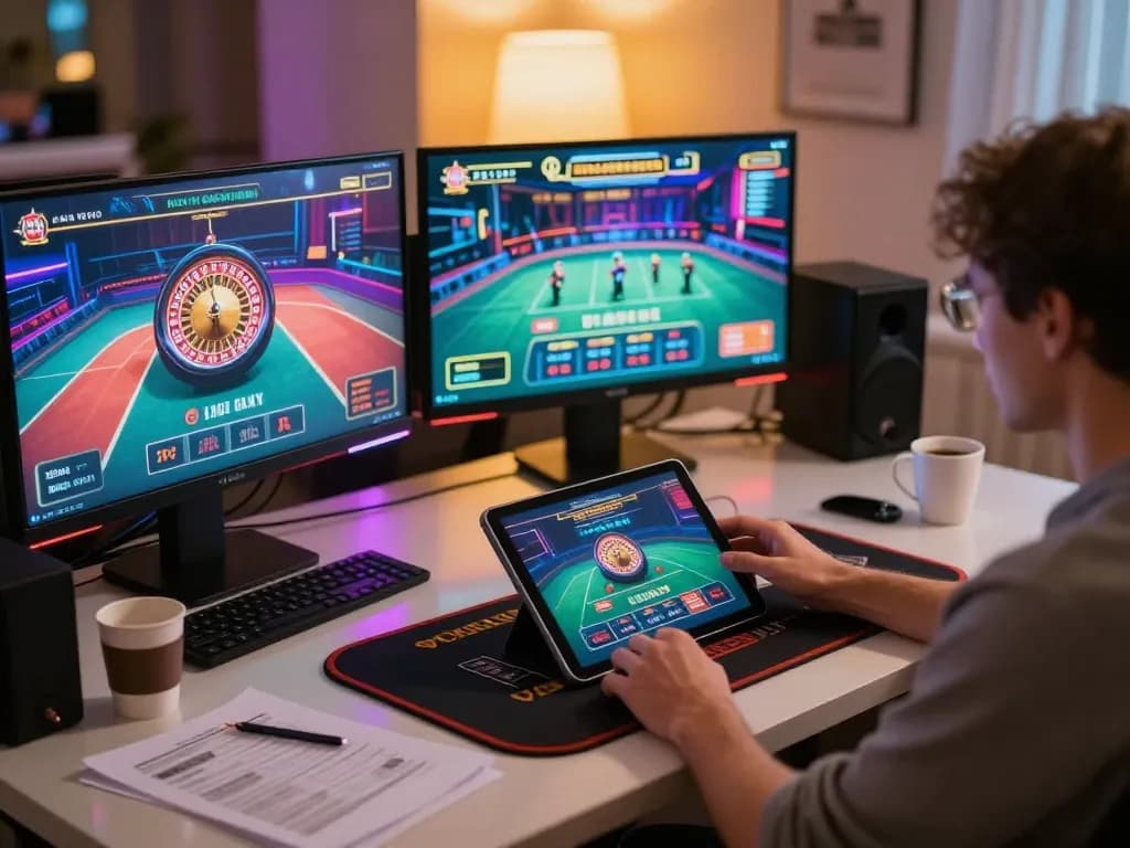 Engaging MM88 online gaming scene featuring live dealer blackjack on tablet with vibrant decor.