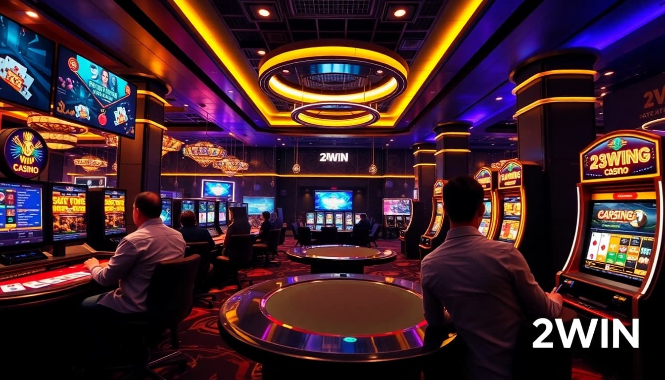 Experience the luxury of 23win online casino with players enjoying top games in an elegant setting.