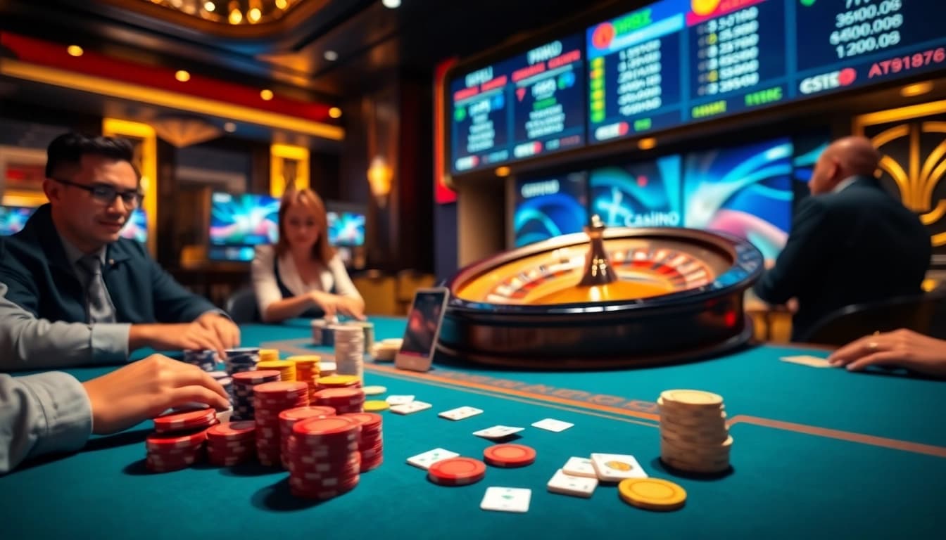 Exciting scene of players betting at Nhà cái casino dr88 with vibrant table and roulette wheel.