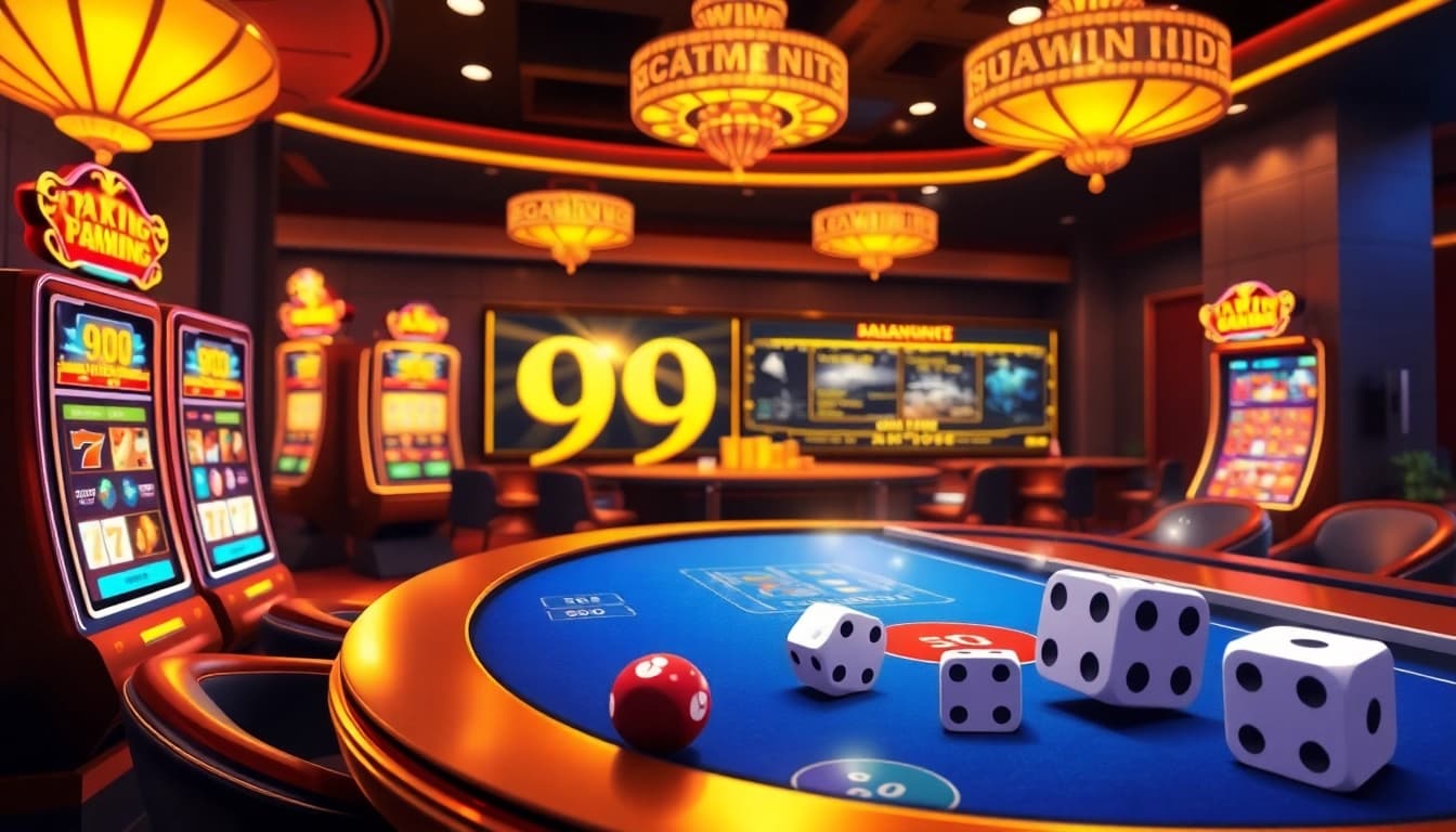 99win đăng nhập interface featuring vibrant slot machines and poker tables in a luxurious online casino.