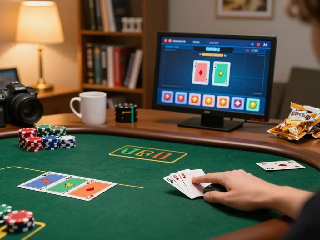 cm88 player placing bets in an engaging online poker game interface, showcasing an inviting home gaming atmosphere.