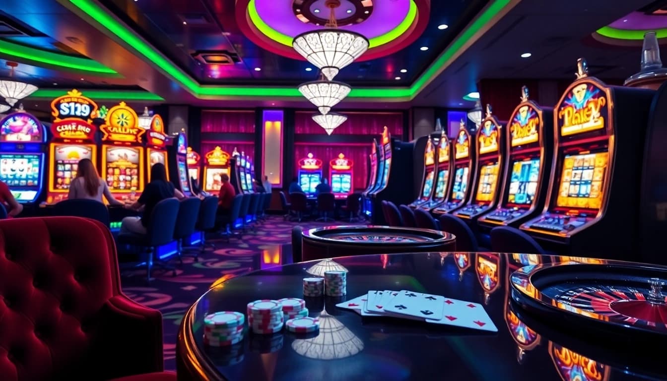 Excited players engaging at slot online machines in a luxurious casino setting.