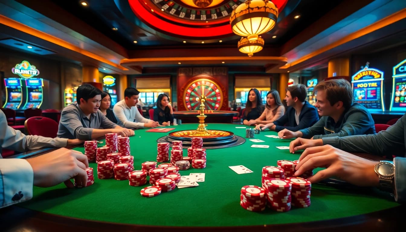 Players enjoying a thrilling poker game at a luxurious casino table showcasing CM88 poker chips.