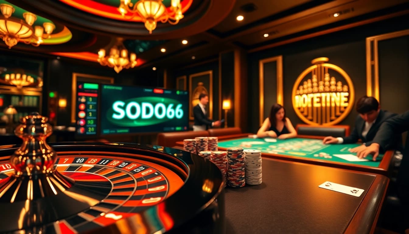 SODO66 Casino scene featuring roulette wheel and poker chips in an elegant environment.