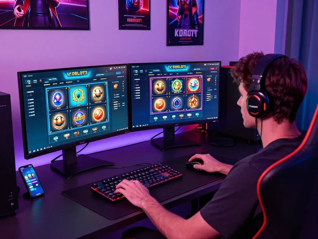 Engaging user experience at kdslot gaming platform featuring dual monitors and dynamic slot interfaces.