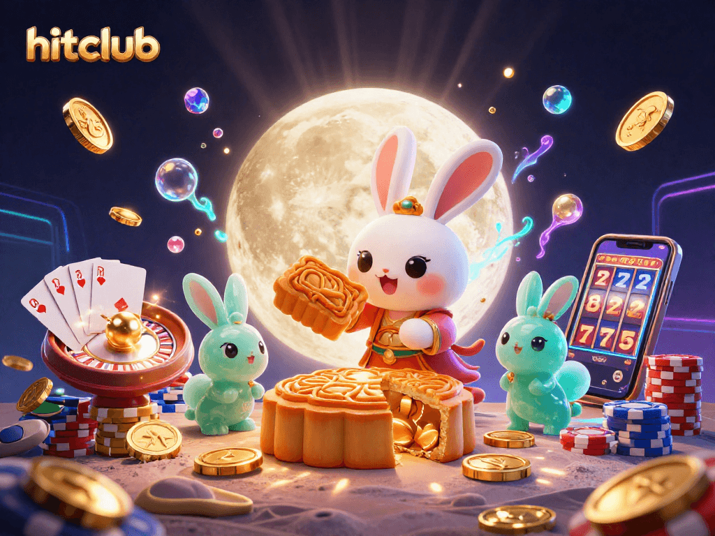 Hitclub showcases a lively 3D scene of a moon rabbit revealing poker chips, surrounded by casino excitement.