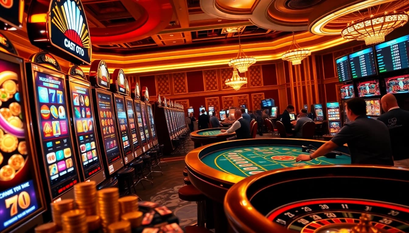 Pemain yang terlibat bertaruh pada mesin slot kasino m1toto yang penuh warna, menampilkan kegembiraan dan aksi.