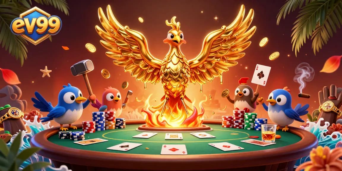 Experience the thrill of ev99 with a golden phoenix and poker elements in a vibrant digital setting.