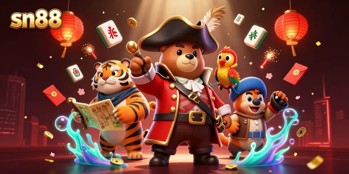 sn88 pirate-themed illustration capturing a lively casino atmosphere with vibrant elements and dynamic characters.