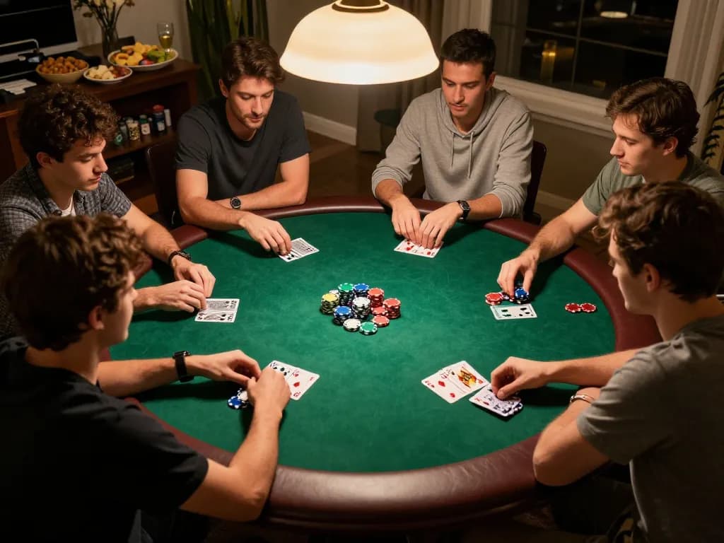 Engaged group playing poker at home, showcasing tg88 gaming friends enjoying Texas Hold'em.