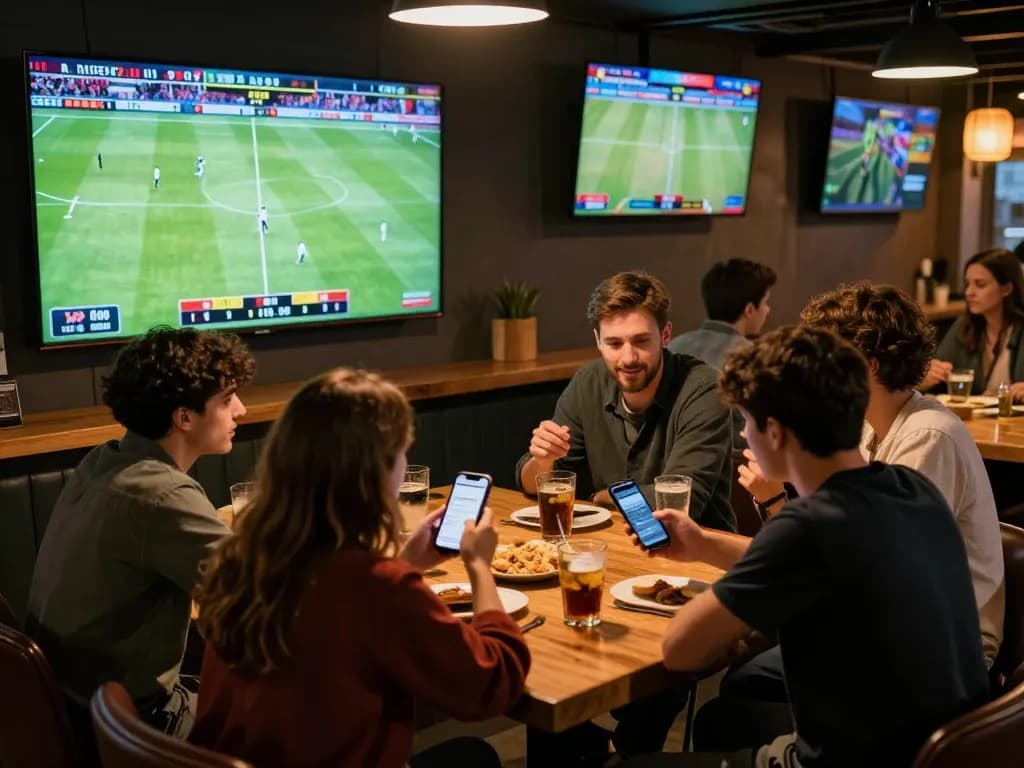 Engaged friends enjoying a live football match while placing bets on bsport, filled with enthusiasm and drinks.