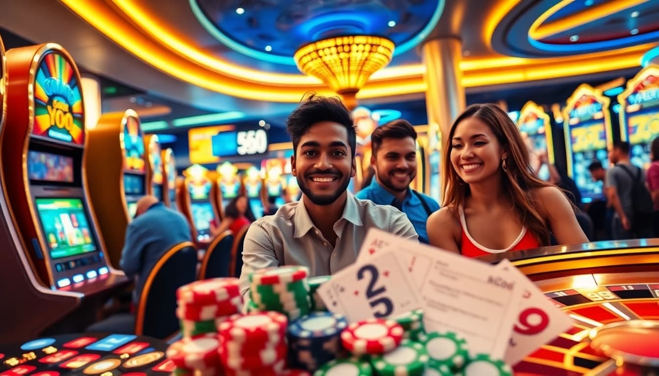 Players enjoying slot88 machines in a vibrant casino atmosphere, showcasing excitement and luxury.