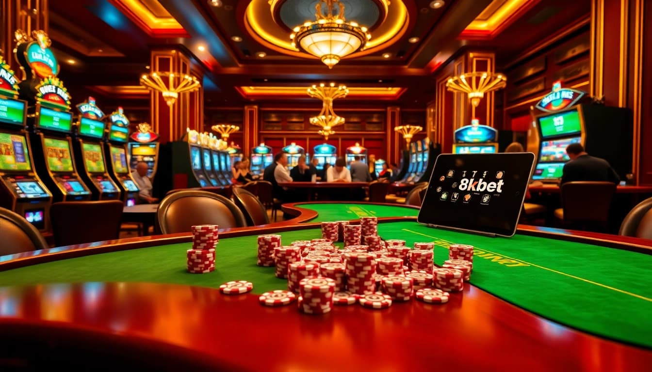 Experience the thrill of winning at 8kbet with vibrant gaming tables and luxurious atmosphere.