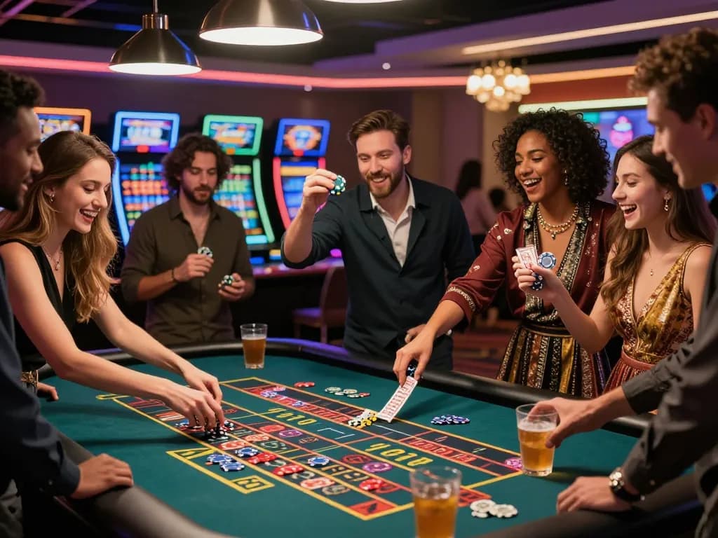 Exciting gaming experience at 8kbet casino with friends celebrating around roulette.