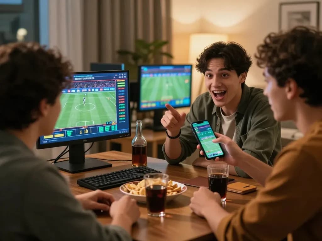 Excited friends engaging in sports betting with gg88 on screens during a home game night.