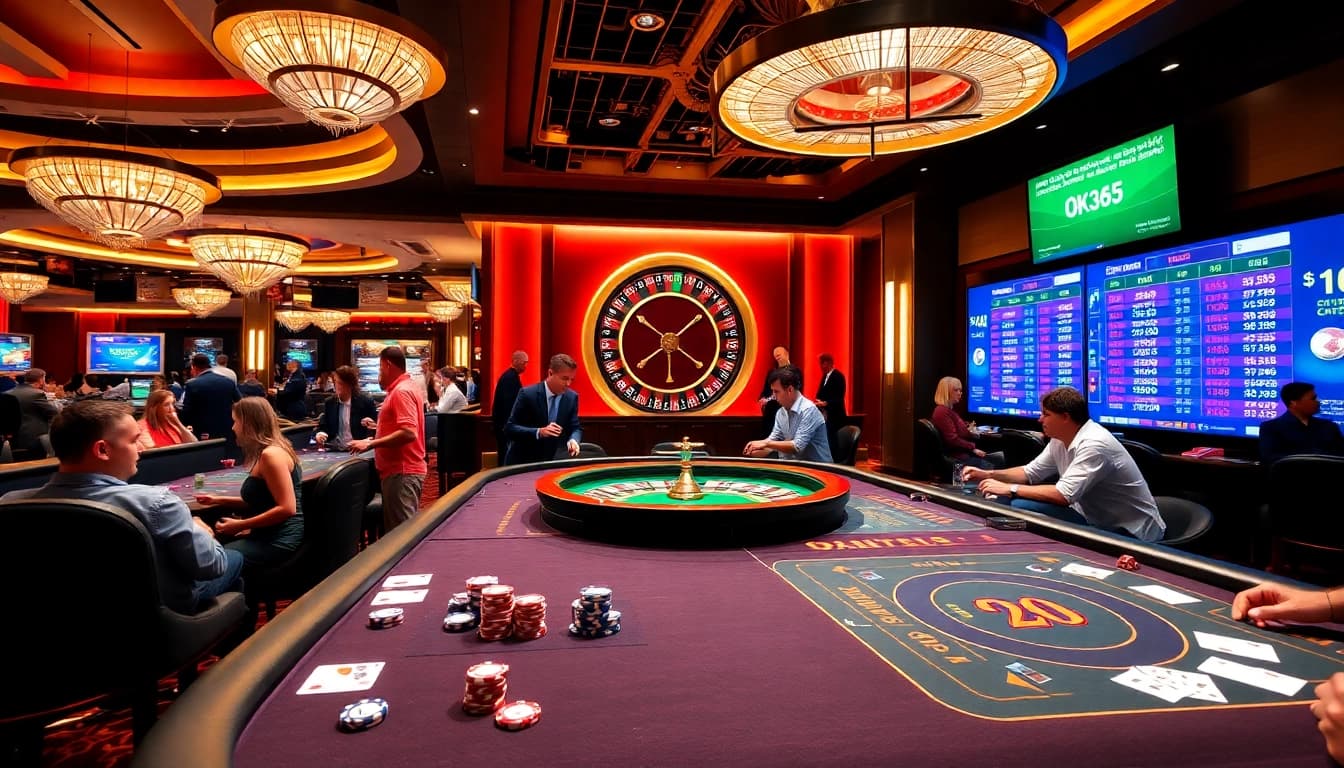 Players winning big at OK365 com with vibrant casino tables, poker chips, and excitement.