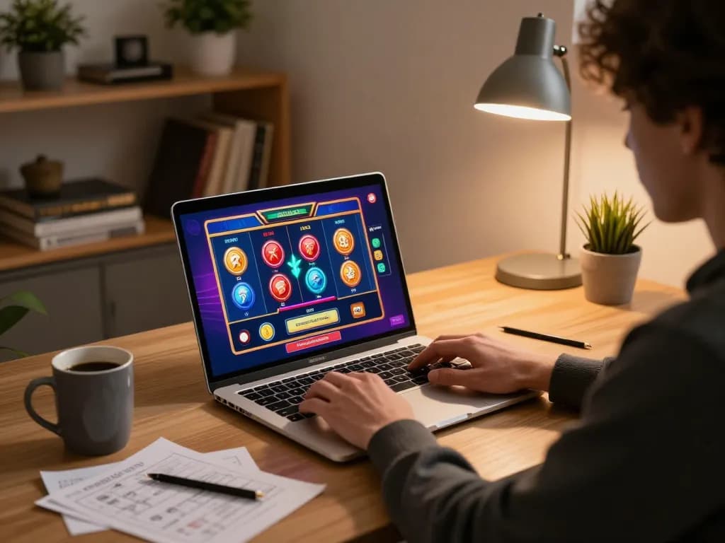 Player engaging in online gambling at V9BET on laptop with vibrant slot graphics