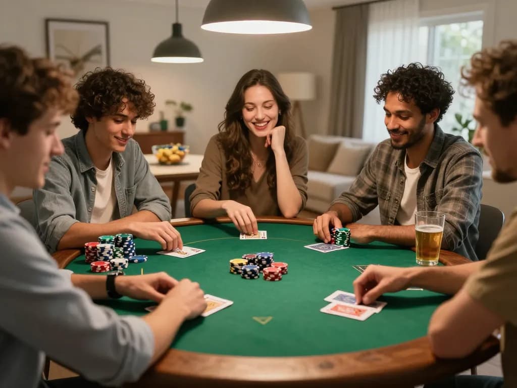 Friends enjoying a poker night at home while playing Texas Hold'em, highlighting taixiusunwin.art gameplay