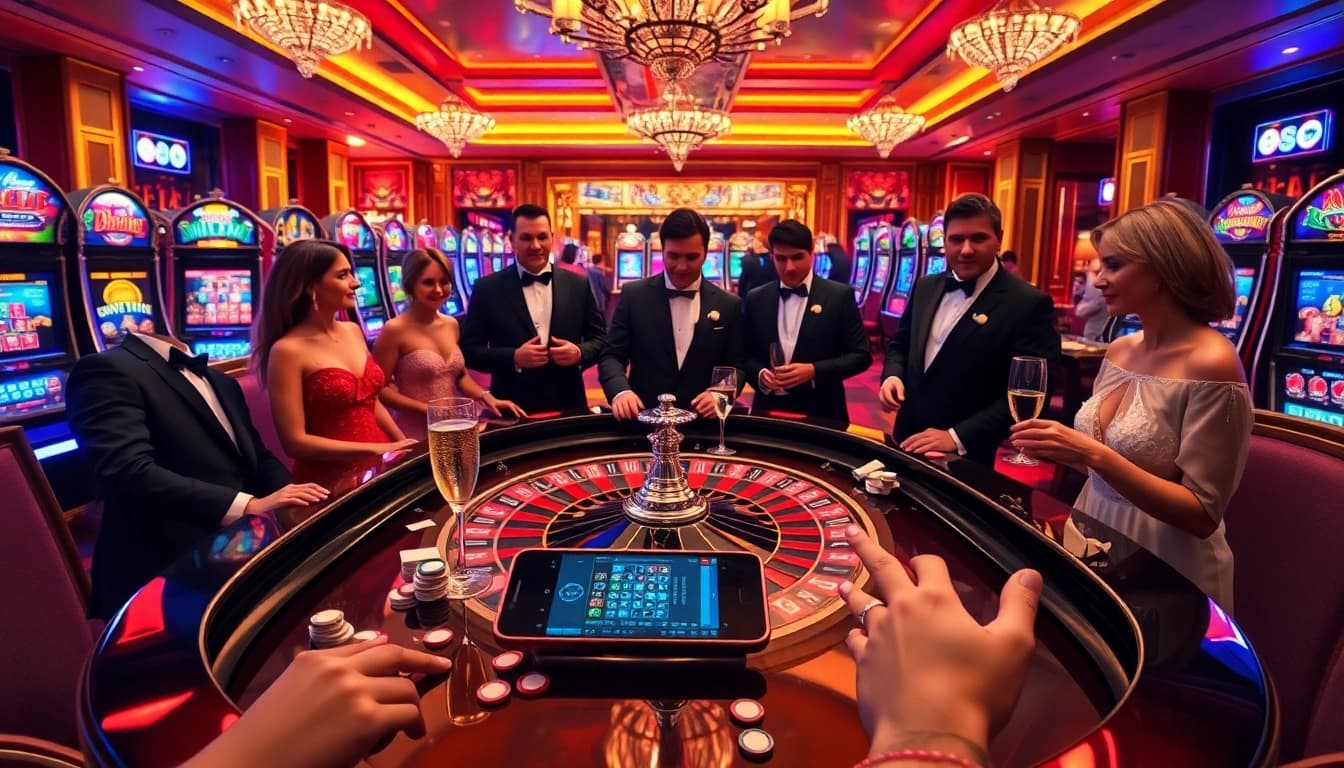 Experience S8 casino excitement at a luxurious roulette table with glamorous gamblers and vibrant slot machines.