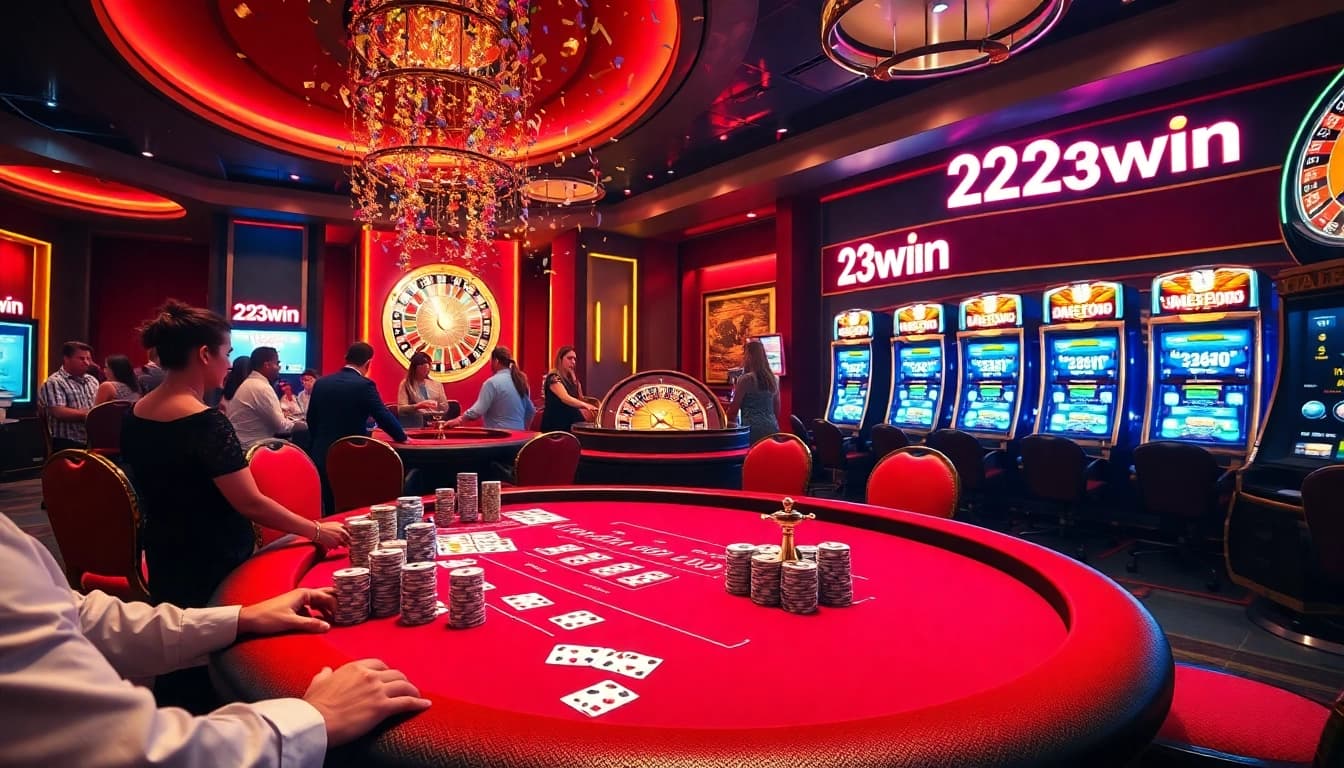 Experience the excitement of 23win at a luxurious casino with engaged players, poker chips, and a roulette wheel.