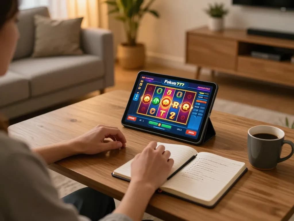 Player enjoying Fokus777 slots on a tablet at home with strategic notes and warm lighting