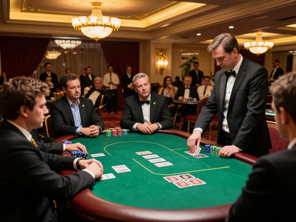 Players engage in a high-stakes poker game at viral88 casino with vibrant chips and cards.