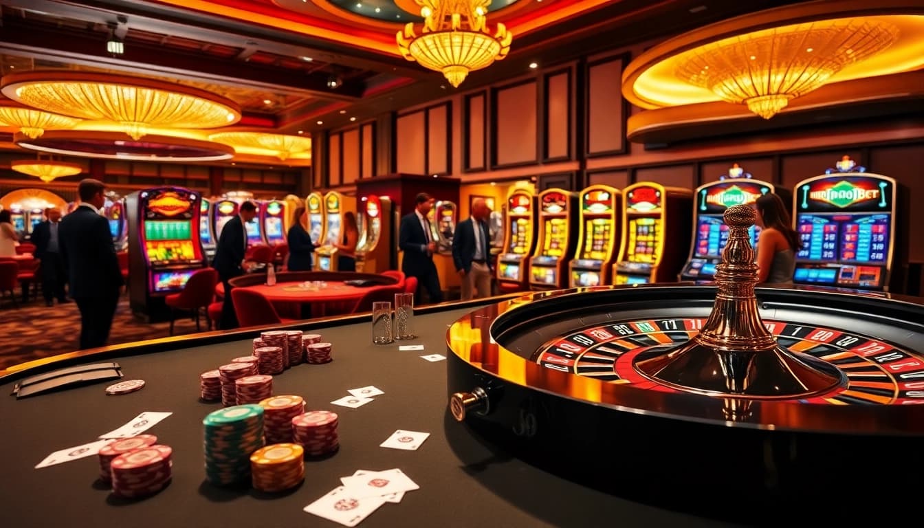 Experience the thrill of gambling at i9bet with vibrant casino scenes showcasing roulette and poker.