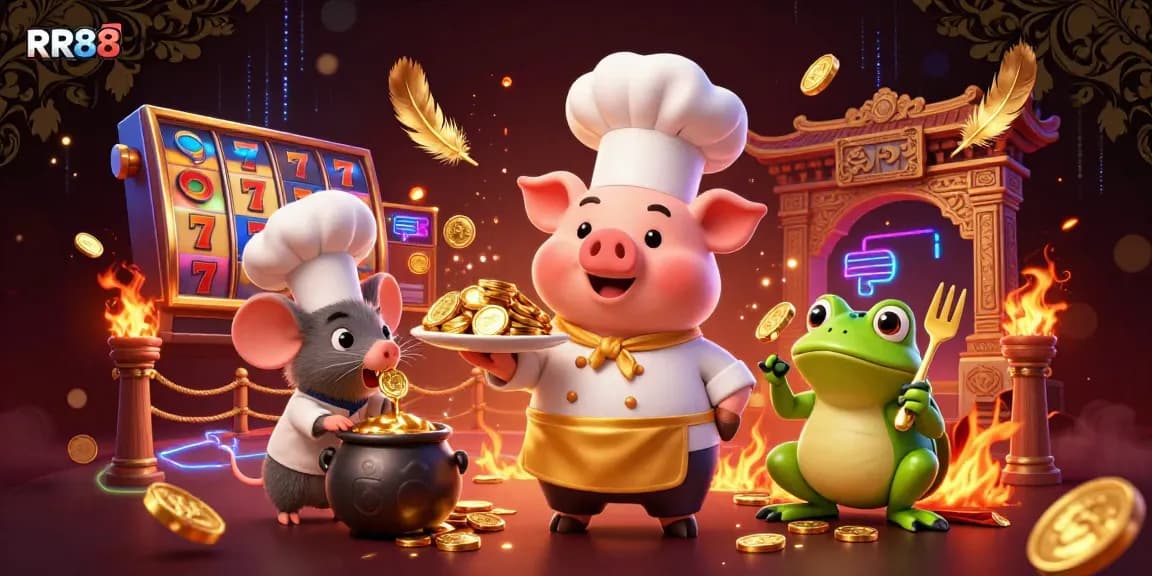RR88 showcases thrilling casino entertainment with a chef pig serving gold coins and vibrant slot elements.