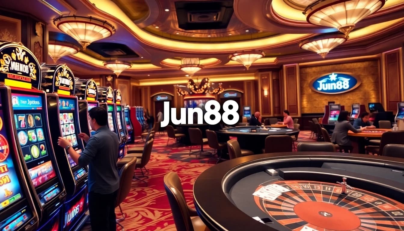 Jun88 casino experience featuring an exciting slot machine spin amidst luxury gaming tables.